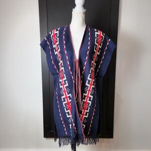 1970s Aztec Fringed Navy Blue with Red & White Geometrical Print Poncho Size OS
